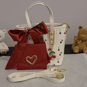 Cherry Print White and Red Handbag Set